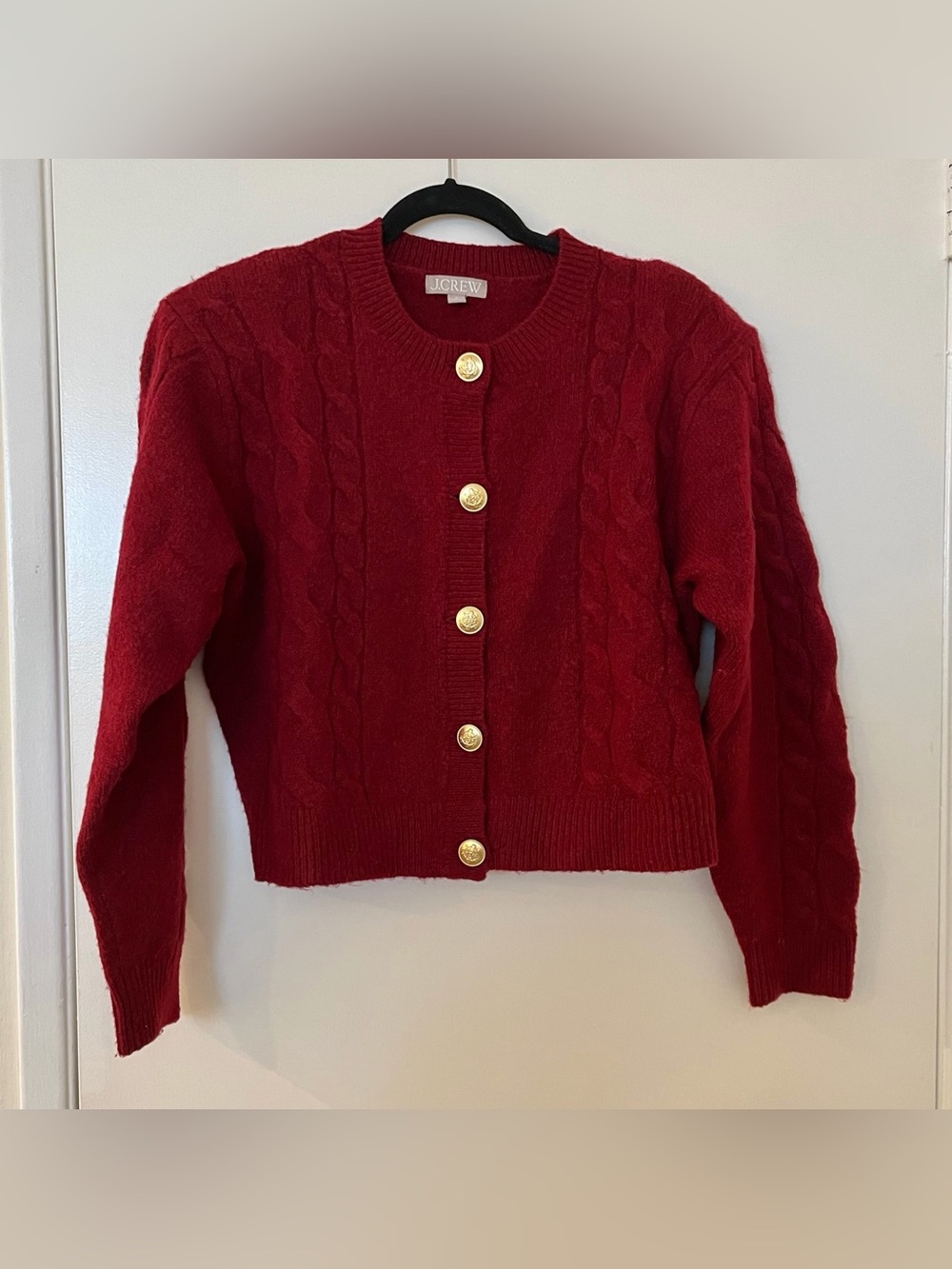 J. Crew Red Merino Wool Blend Cable Knit Button-Front Cardigan with Gold Buttons